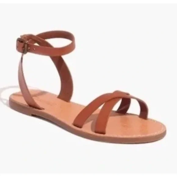 Madewell Boardwalk Sandals Women's 8 Brown Tan Leather Ankle Strap Strappy Cross - Picture 13 of 13